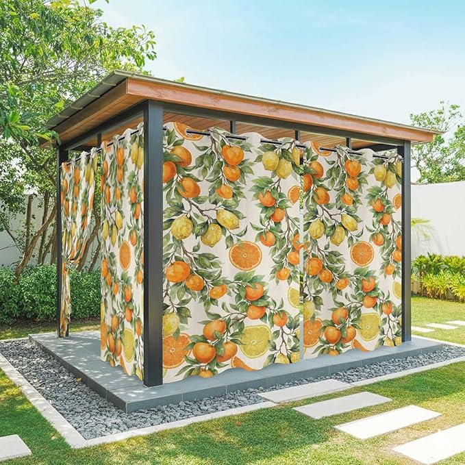 Lemons Yellow Orange Summer Plant Linen Outdoor Curtains for Patio Waterproof Outside Curtains with Grommet Top Weatherproof Curtain for Cabana Pergola Gazebo, 2 Pack, 54" W x 95" L