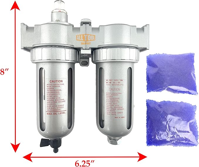 3/8" NPT MID FLOW 2 Stages Coalescing Filter Desiccant Dryer System For Compressed Air Lines, Poly Bowls, Great For Paint Spray And Plasma Cutter
