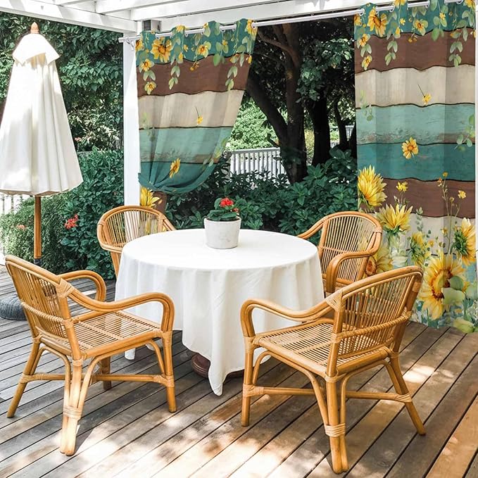 Sunflowers Outdoor Curtains for Patio Summer Floral Eucalyptus Leaves Vintage Wood Waterproof Outside Curtains with Grommet Top Weatherproof Curtain for Cabana Pergola Gazebo, 1 Panel, 54" W x 108" L