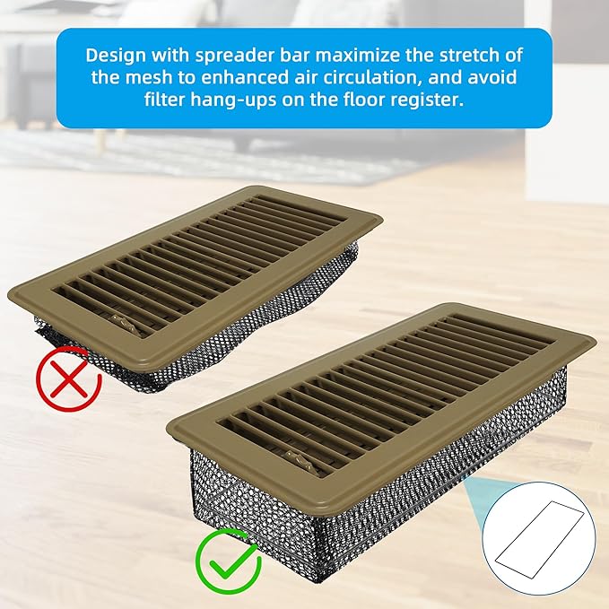 Floor Vent Screen Net 2''x12'', Air Vent Filter Mesh for Home Floor, Floor Register Cover Traps Catches Coin, Toys, Pet Food and Hair, Keeps Duct Cleaning - with Spreader Frame 4 Pack