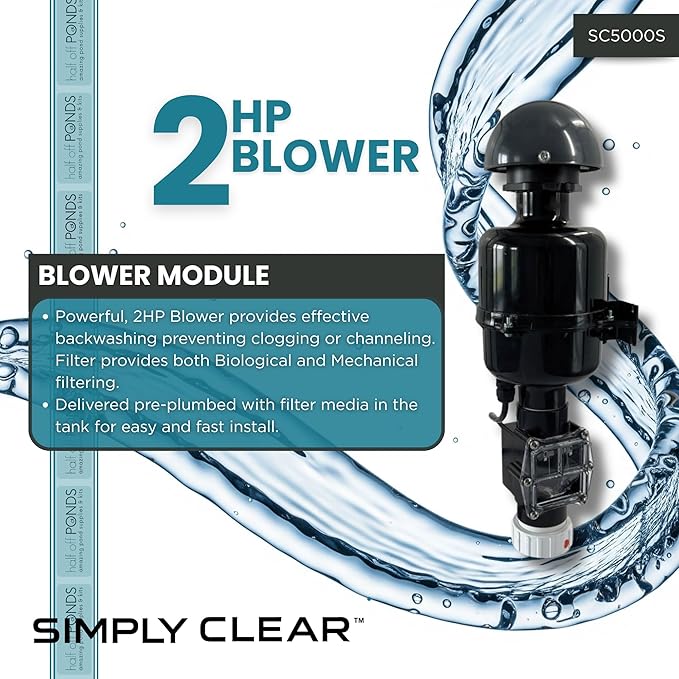 HALF OFF PONDS Simply Clear Koi Pond Filter System with 2HP Blower, UV Clarifier & 4,500 GPH Pump – Filters Ponds Up to 5,000 Gallons – Complete Kit with Bio Media, Multiport Valve, Gauge