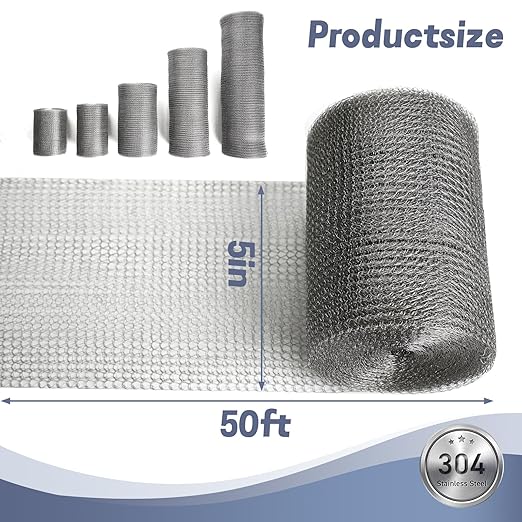 5" X 50 ft 304 Stainless Steel Mesh, Wire Mesh for Plants, Hole Fill Fabric Gap Blocker, Double Layer Metal Mesh Roll, Flexible Stretchy for Garden House and DIY (B-5" X 50 ft)