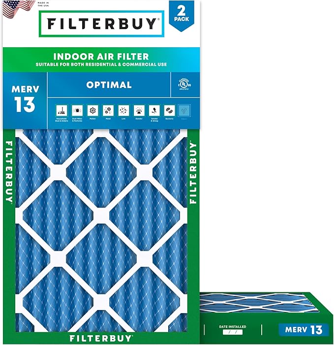 Filterbuy 10x20x2 Air Filter MERV 13 Optimal Smoke & Allergy Defense (2-Pack), Electrostatic Pleated HVAC AC Furnace Filters Replacement, Made in USA (Actual Size: 9.50 x 19.50 x 1.75)