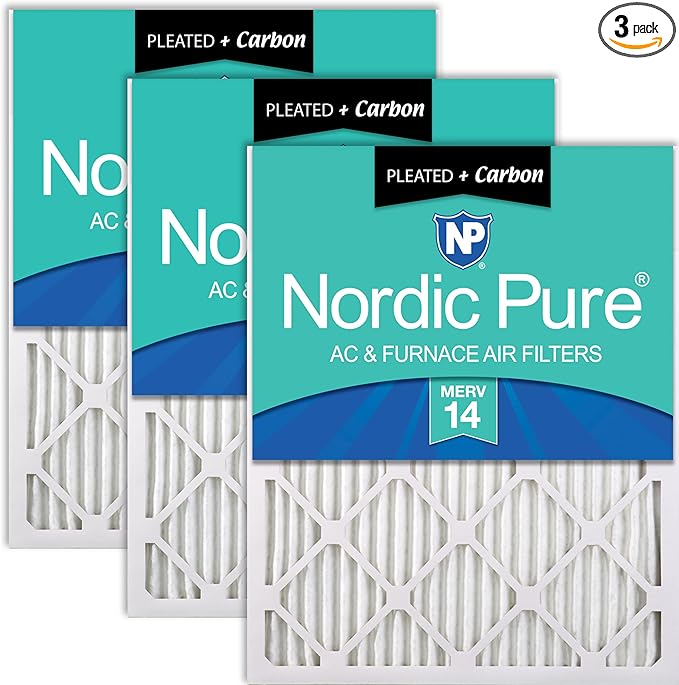 Nordic Pure 20x20x1 (Actual Size: 19 1/2 x 19 1/2 x 3/4) Pleated Air Filters MERV 14 Plus Carbon 3 Pack