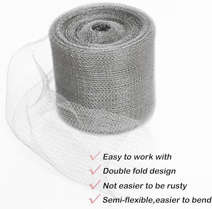 Wire Mesh for Mice Control 5IN X 53Ft,Hole Fill Fabric,Upgraded Stainless Steel Wire Mesh Roll, Weep Holes Covers, Flexible Stretchy Fabric for Garden House and DIY, Rodent Barrier