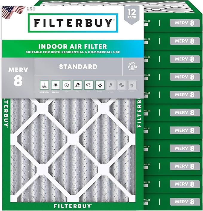 Filterbuy 18x25x2 Air Filter MERV 8 Essential Dust & Allergy Defense (12-Pack), Electrostatic Pleated HVAC AC Furnace Filters Replacement, Made in USA (Actual Size: 17.50 x 24.50 x 1.75)