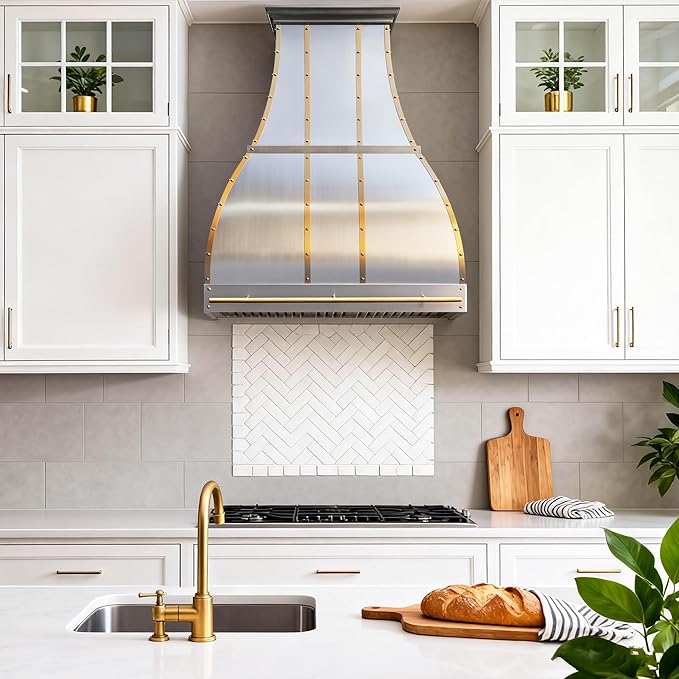 CHETTO C Stainless Steel Range Hood Cover with Quiet Vent Hood Insert Custom Handcrafted Metal Kitchen Fan with Towel Rack LED Light 42"W x21"D x21"H Brushed Stainless Steel Wall Mount