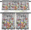 Kitchen Curtains Tiers and Valance Set of 3, Spring Flowers Light Filtering Window Curtain Set, Farmhouse Black Plaid Wood Grain Rod Pocket Curtain Drapes for Cafe, Living Room, 36 Inches Tiers