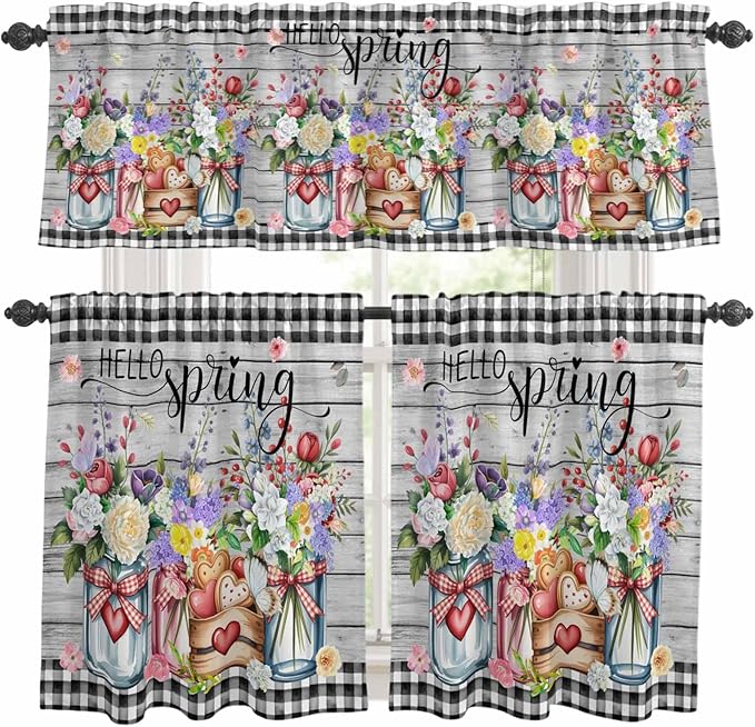 Kitchen Curtains Tiers and Valance Set of 3, Spring Flowers Light Filtering Window Curtain Set, Farmhouse Black Plaid Wood Grain Rod Pocket Curtain Drapes for Cafe, Living Room, 24 Inches Tiers