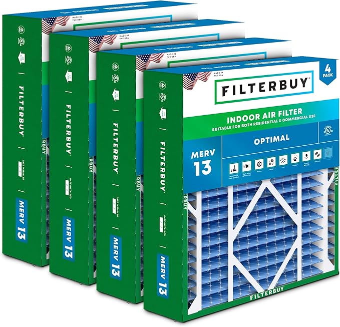 Filterbuy 24x25x5 Air Filter MERV 13 Optimal Smoke & Allergy Defense (4-Pack), Electrostatic Pleated HVAC AC Furnace Filters for Carrier FILXXCAR0024, Maytag & More (Actual Size: 23.63 x 24.69 x 4.25)