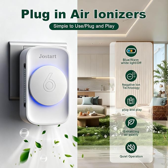 Air Ionizer for Home(4 pack), Ionic Air Purifier Plug in with 6 Carbon Fiber Tips, Ultra Quiet Portable Air Cleaner for Kitchen Bedroom Office Bathroom,Energy Efficient with Blue/Warm White Mood Light