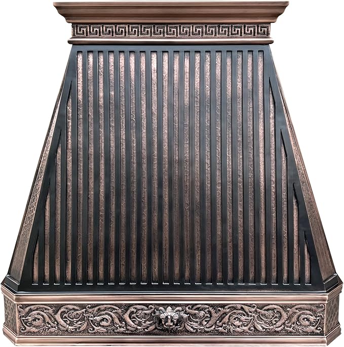 CT Copper Tailor Copper Vent Hood Island Mount,36'' W,27''H, 610 CFM Exhaust Fan,Stainless Steel Vent,LED Light,Dishwasher-Safe Baffle Filters,Light Hammered-Medium Patina,VH14TA2L
