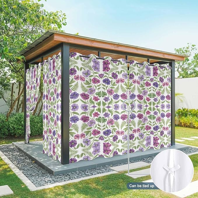 Flowers Outdoor Curtains for Patio Summer Floral Pastoral Farmhouse Plant Waterproof Outside Curtains with Grommet Top Weatherproof Curtain for Cabana Pergola Gazebo, 2 Pack, 54" W x 84" L