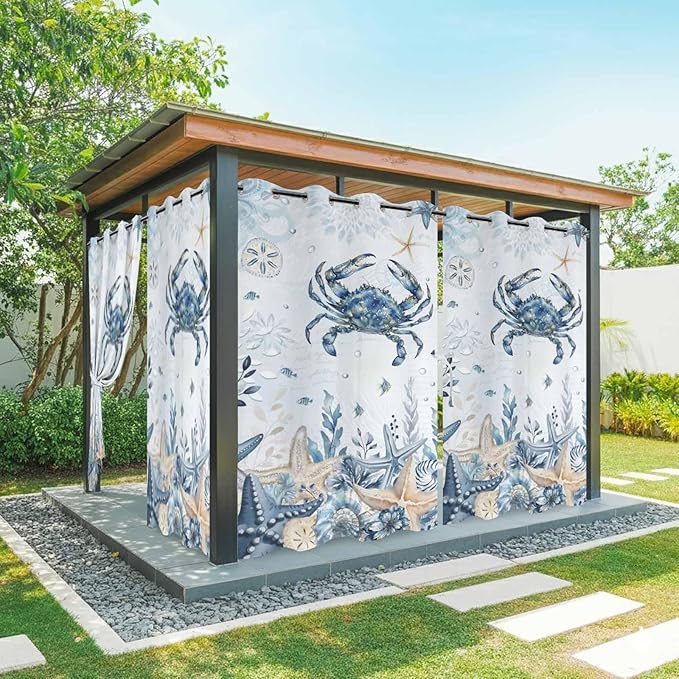 Oceans Outdoor Curtains for Patio Crabs Marine Life Shell Starfish Blue Waterproof Outside Curtains with Grommet Top Weatherproof Curtain for Cabana Pergola Gazebo, 1 Panel, 54" W x 84" L