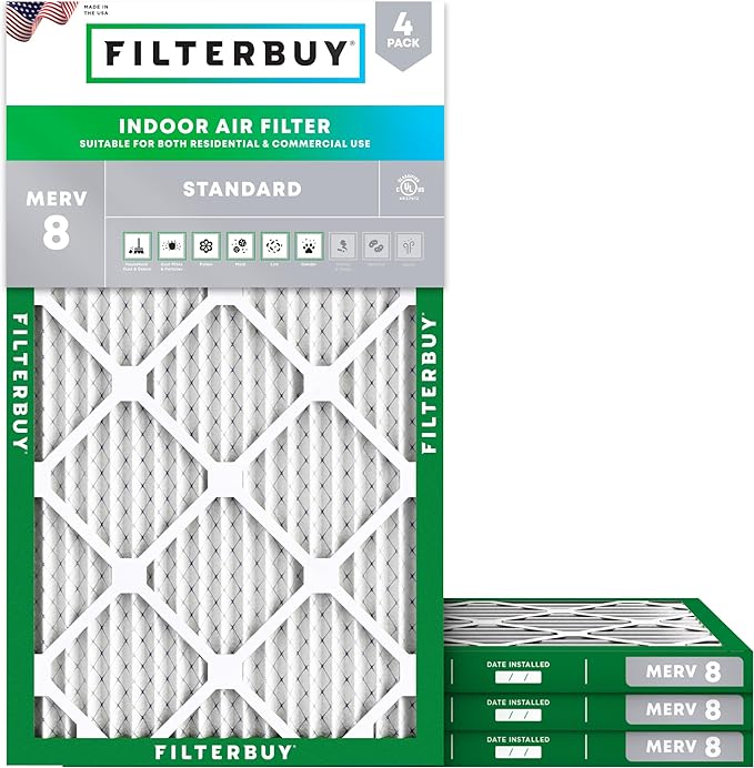 Filterbuy 10x25x1 Air Filter MERV 8 Essential Dust & Allergy Defense (4-Pack), Electrostatic Pleated HVAC AC Furnace Filters Replacement, Made in USA (Actual Size: 9.75 x 24.75 x 0.75)