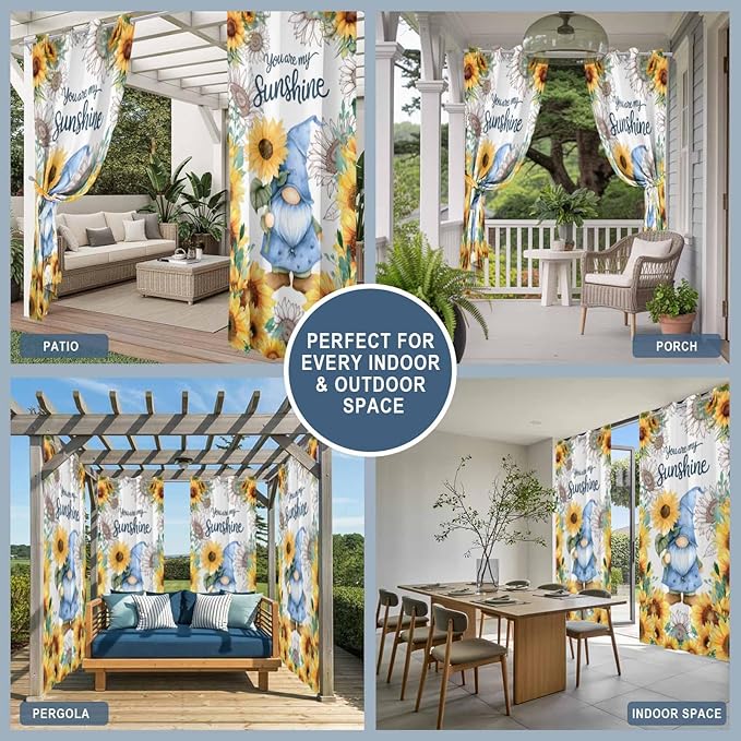 Summer Outdoor Curtains for Patio Sunflowers Gnome Eucalyptus Leaves Waterproof Outside Curtains with Grommet Top Weatherproof Curtain for Cabana Pergola Gazebo, 2 Pack, 54" W x 108" L