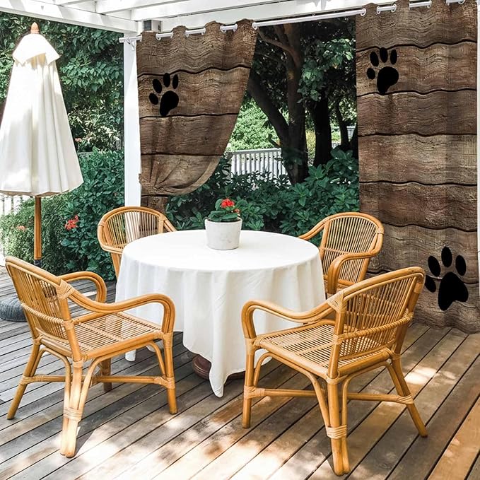 Wood Grain Outdoor Curtains for Patio Claws Animals Wooden Brown Vintage Waterproof Outside Curtains with Grommet Top Weatherproof Curtain for Cabana Pergola Gazebo, 1 Panel, 54" W x 84" L