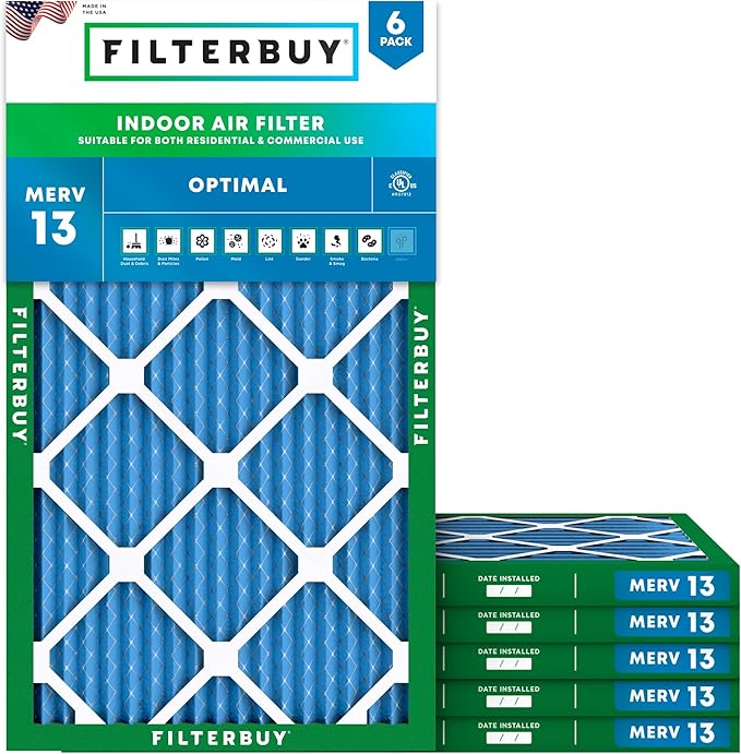 Filterbuy 10x18x1 Air Filter MERV 13 Optimal Smoke & Allergy Defense (6-Pack), Electrostatic Pleated HVAC AC Furnace Filters Replacement, Made in USA (Actual Size: 9.50 x 17.50 x 0.75)