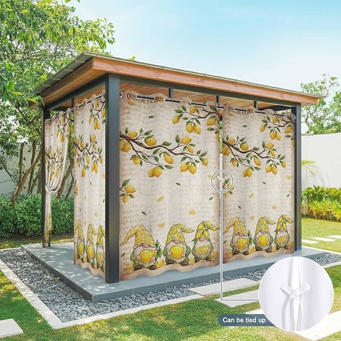 Summer Gnome Outdoor Curtains for Patio Gnome Lemon Leaf Vintage Waterproof Outside Curtains with Grommet Top Weatherproof Curtain for Cabana Pergola Gazebo, 1 Panel, 54" W x 84" L