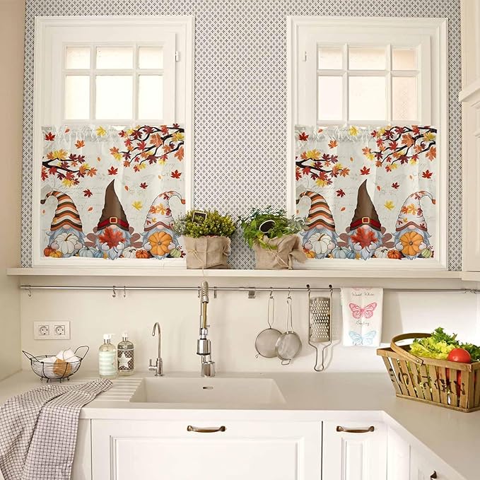 Fall Kitchen Curtain Set, Thanksgiving Gnomes Maple Leaf Pumpkin Beige Window Valance and Tiers 36" Length, Light Filtering Short Curtains Valance for Cafe Bathroom Bedroom 54"x18"