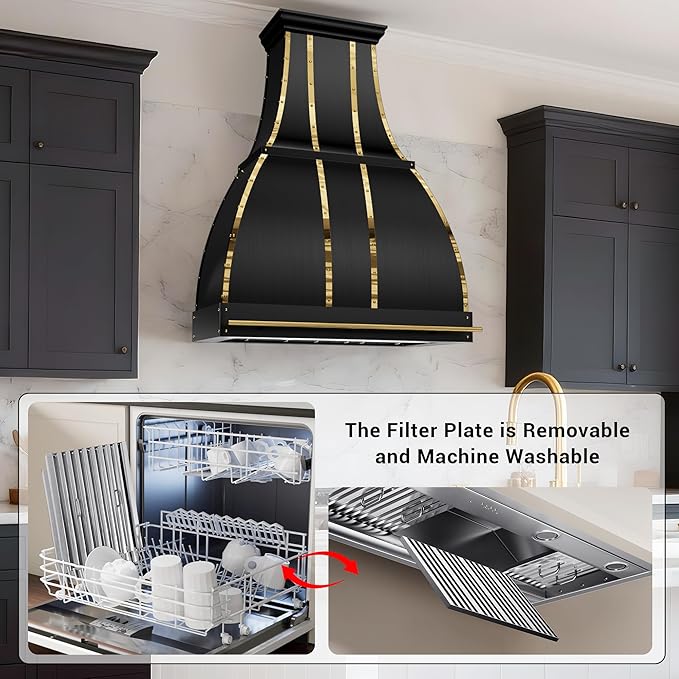 CHETTO C Stainless Steel Range Hood Cover with 4-Speed Vent Hood Insert Custom Handmade Metal Kitchen Fan with Towel Rack LED Light 54"W x24"D x42"H Black Wall Mount