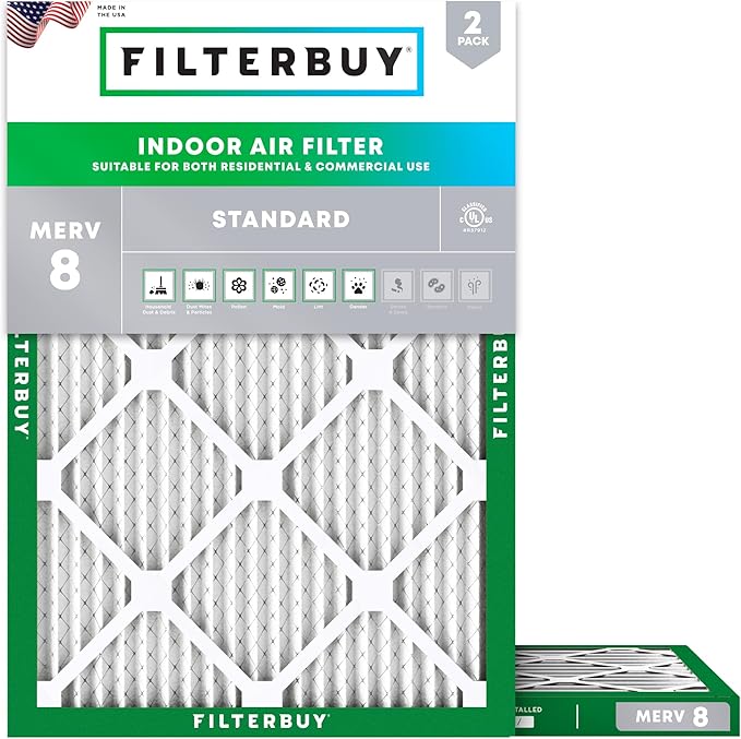 Filterbuy 16.5x21.5x1 Air Filter MERV 8 Essential Dust & Allergy Defense (2-Pack), Electrostatic Pleated HVAC AC Furnace Filters Replacement for Bryant and Carrier (Actual Size: 16.50 x 21.50 x 0.75)