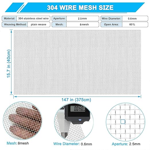 Stainless Steel Mesh Screen 8Mesh 304, 15.7" x 147" (40x375cm) Metal Mesh Screen, Rust Free Fine Wire Mesh Roll, Easy to Cur for Vent Mesh, Window Screen, Filters, Cage, Garden Covers