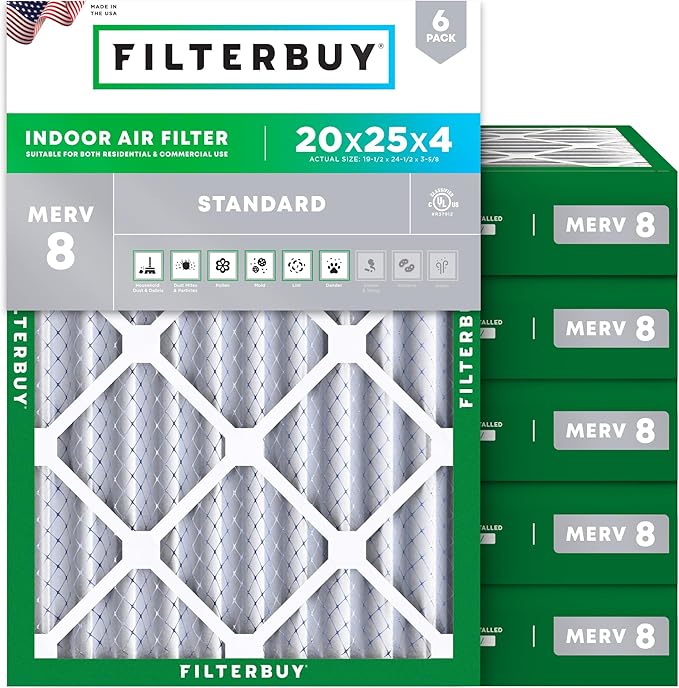 Filterbuy 20x25x4 Air Filter MERV 8 Essential Dust & Allergy Defense (6-Pack), Electrostatic Pleated HVAC AC Furnace Filters Replacement, Made in USA (Actual Size: 19.50 x 24.50 x 3.63)