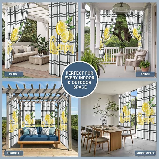 Lemon Outdoor Curtains for Patio Lemon Leaves Summer Plaid Buffalo Waterproof Outside Curtains with Grommet Top Weatherproof Curtain for Cabana Pergola Gazebo, 1 Panel, 54" W x 108" L