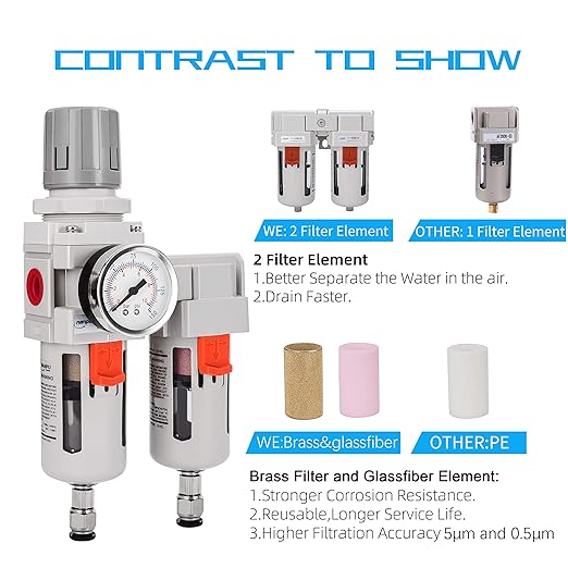 NANPU 1/2" NPT Air Dryer System - 5 Micron Particulate Filter, 0.5 Micron Coalescing Filter & Air Pressure Regulator, Water Trap Separator - Semi-Auto Drain,0-150 psi Gauge, Poly Bowl, Metal Bracket