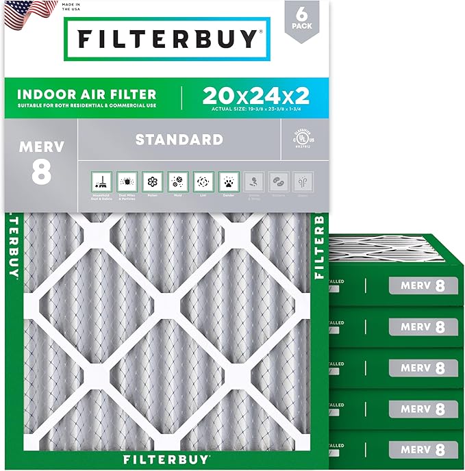 Filterbuy 20x24x2 Air Filter MERV 8 Essential Dust & Allergy Defense (6-Pack), Electrostatic Pleated HVAC AC Furnace Filters Replacement, Made in USA (Actual Size: 19.38 x 23.38 x 1.75)