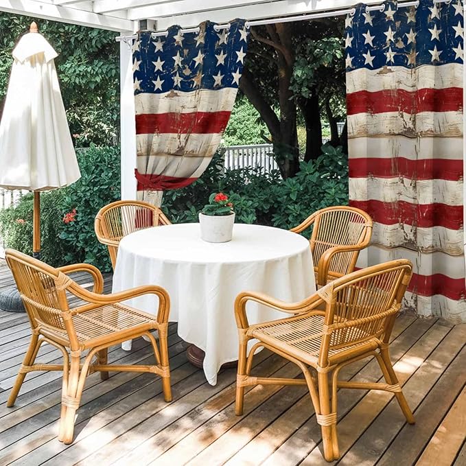 4th of July Outdoor Curtains for Patio USA Flag Independence Day Vintage Waterproof Outside Curtains with Grommet Top Weatherproof Curtain for Cabana Pergola Gazebo, 2 Pack, 54" W x 108" L