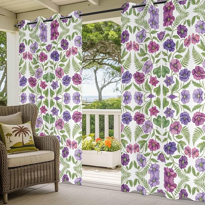 Flowers Outdoor Curtains for Patio Summer Floral Pastoral Farmhouse Plant Waterproof Outside Curtains with Grommet Top Weatherproof Curtain for Cabana Pergola Gazebo, 2 Pack, 54" W x 95" L