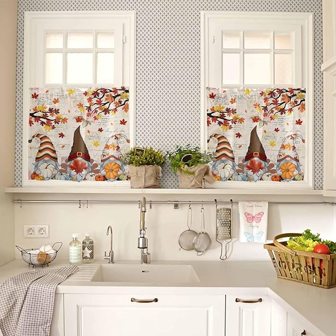 Fall Gnomes Kitchen Curtain Set, Thanksgiving Maple Leaf Rustic Pumpkin Window Valance and Tiers 36" Length, Light Filtering Short Curtains Valance for Cafe Bathroom Bedroom 54"x18"