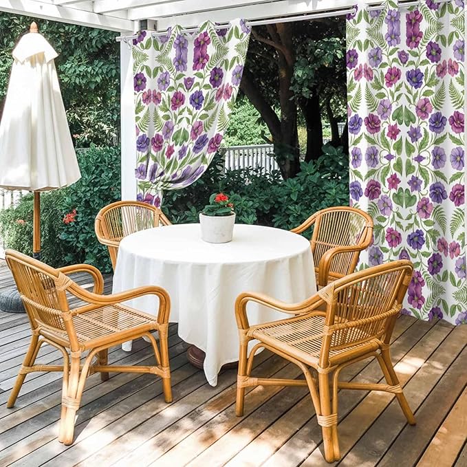 Flowers Outdoor Curtains for Patio Summer Floral Pastoral Farmhouse Plant Waterproof Outside Curtains with Grommet Top Weatherproof Curtain for Cabana Pergola Gazebo, 1 Panel, 54" W x 108" L