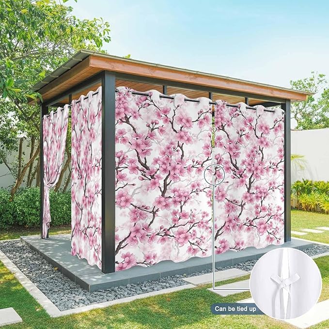Cherry Flowers Outdoor Curtains for Patio Spring Flower Vintage Watercolor Waterproof Outside Curtains with Grommet Top Weatherproof Curtain for Cabana Pergola Gazebo, 1 Panel, 54" W x 84" L