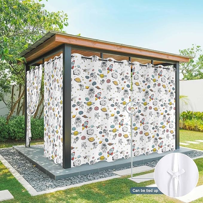 Cartoon Space Outdoor Curtains for Patio Astronauts Spacecraft Rockets Waterproof Outside Curtains with Grommet Top Weatherproof Curtain for Cabana Pergola Gazebo, 1 Panel, 54" W x 108" L