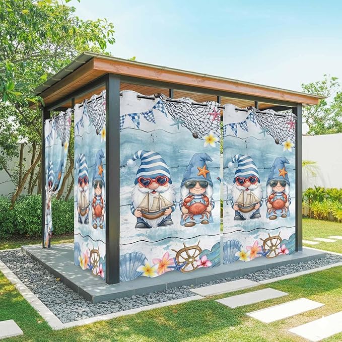 Ocean Gnome Outdoor Curtains for Patio Summer Marine Plumeria Shell Wood Blue Waterproof Outside Curtains with Grommet Top Weatherproof Curtain for Cabana Pergola Gazebo, 2 Pack, 54" W x 95" L