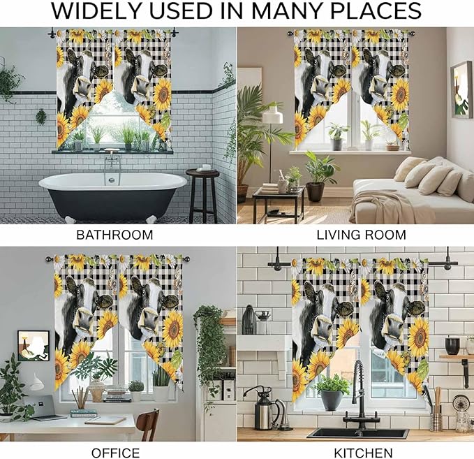 Retro Sunflowers Swag Valances for Windows, Farmhouse Floral Cow Butterfly Black Plaid Rod Pocket Kitchen Curtains Valance, Small Window Curtains Swag for Cafe Living Room, 2 Panels, 36x36 inch