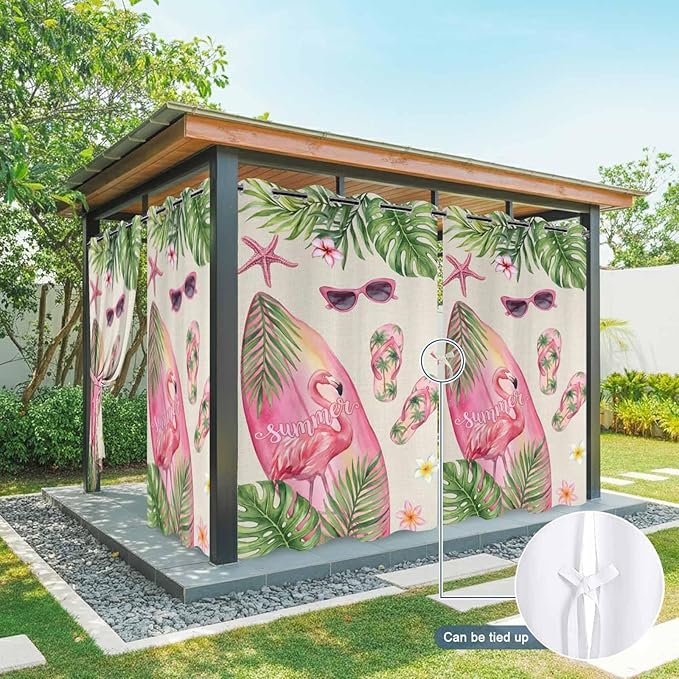 Summer Flamingbirds Outdoor Curtains for Patio Palm Leaves Plumeria Linen Waterproof Outside Curtains with Grommet Top Weatherproof Curtain for Cabana Pergola Gazebo, 1 Panel, 54" W x 95" L