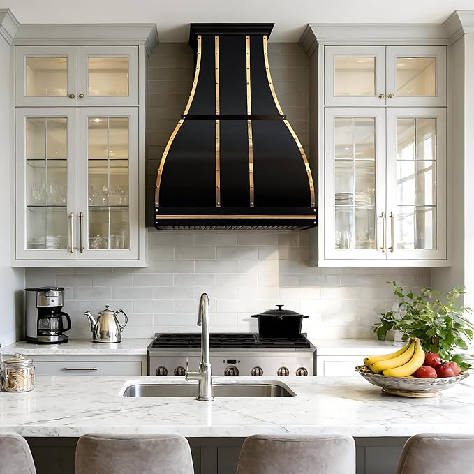 CHETTO C Stainless Steel Range Hood Cover with 4-Speed Vent Hood Insert Custom Handmade Metal Kitchen Fan with Towel Rack LED Light 54"W x24"D x42"H Black Wall Mount