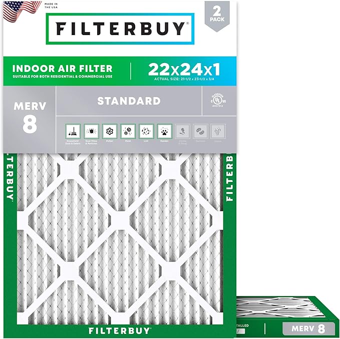 Filterbuy 22x24x1 Air Filter MERV 8 Essential Dust & Allergy Defense (2-Pack), Electrostatic Pleated HVAC AC Furnace Filters Replacement, Made in USA (Actual Size: 21.50 x 23.50 x 0.75)