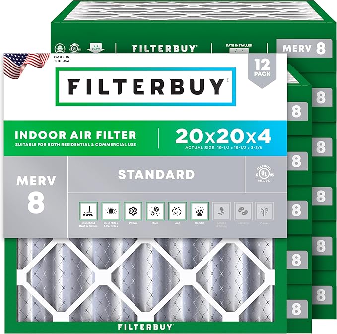 Filterbuy 20x20x4 Air Filter MERV 8 Essential Dust & Allergy Defense (12-Pack), Electrostatic Pleated HVAC AC Furnace Filters Replacement, Made in USA (Actual Size: 19.50 x 19.50 x 3.63)