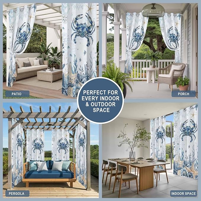 Oceans Outdoor Curtains for Patio Crabs Marine Life Shell Starfish Blue Waterproof Outside Curtains with Grommet Top Weatherproof Curtain for Cabana Pergola Gazebo, 1 Panel, 54" W x 95" L