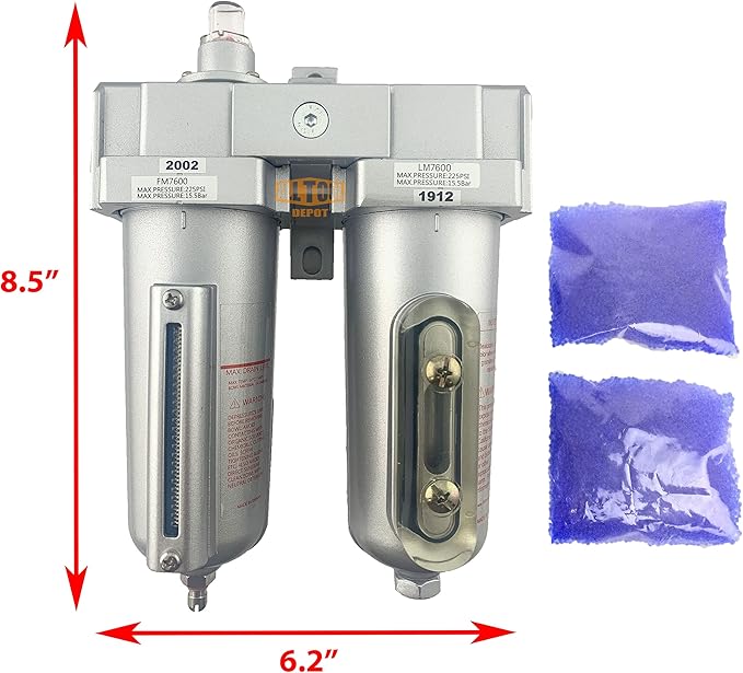 1/2" NPT HEAVY DUTY Industrial Grade 2 Stages Coalescing Filter Desiccant Dryer System For Compressed Air Lines, Metal Bowls, Great For Paint Spray And Plasma Cutter