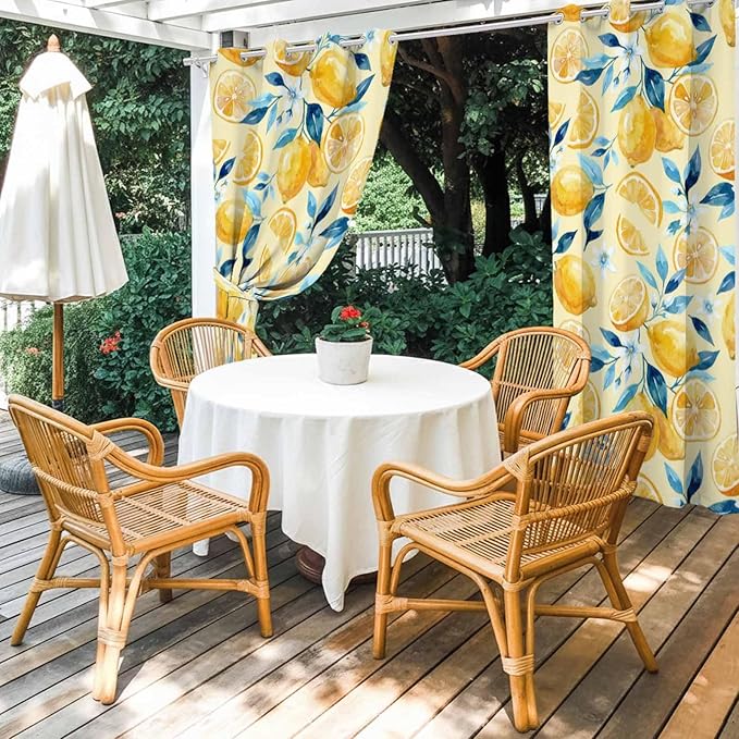 Lemon Outdoor Curtains for Patio Lemon Leaves Summer Plants Begin Waterproof Outside Curtains with Grommet Top Weatherproof Curtain for Cabana Pergola Gazebo, 2 Pack, 54" W x 84" L