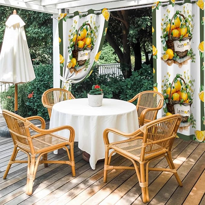 Lemon Outdoor Curtains for Patio Lemons Baskets Summer Tropical Plant Waterproof Outside Curtains with Grommet Top Weatherproof Curtain for Cabana Pergola Gazebo, 2 Pack, 54" W x 108" L