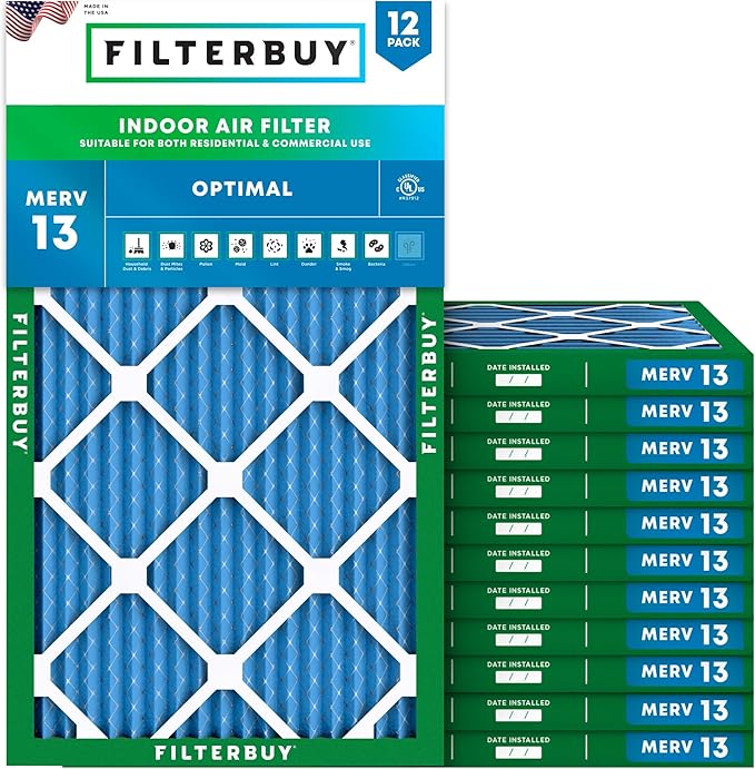 Filterbuy 13x25x1 Air Filter MERV 13 Optimal Smoke & Allergy Defense (12-Pack), Electrostatic Pleated HVAC AC Furnace Filters Replacement, Made in USA (Actual Size: 12.50 x 24.50 x 0.75)