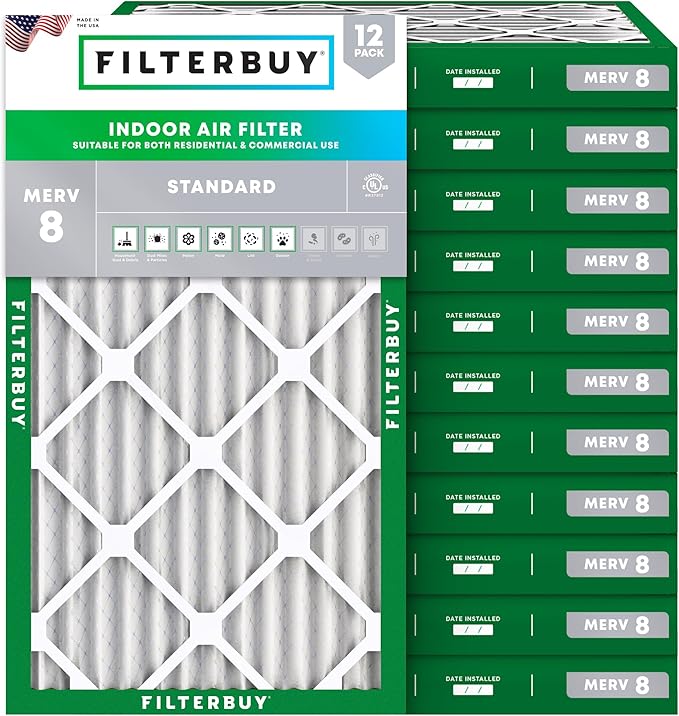 Filterbuy 12x20x2 Air Filter MERV 8 Essential Dust & Allergy Defense (12-Pack), Electrostatic Pleated HVAC AC Furnace Filters Replacement, Made in USA (Actual Size: 11.50 x 19.50 x 1.75)