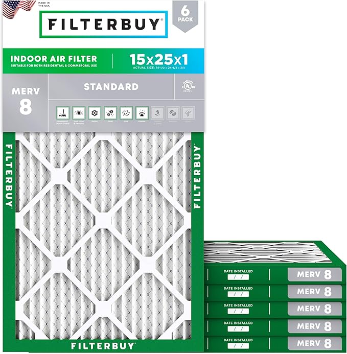 Filterbuy 15x25x1 Air Filter MERV 8 Essential Dust & Allergy Defense (6-Pack), Electrostatic Pleated HVAC AC Furnace Filters Replacement, Made in USA (Actual Size: 14.50 x 24.50 x 0.75)